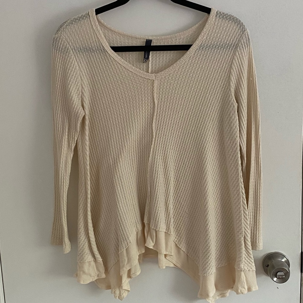Beige knitted cotton long sleeve top